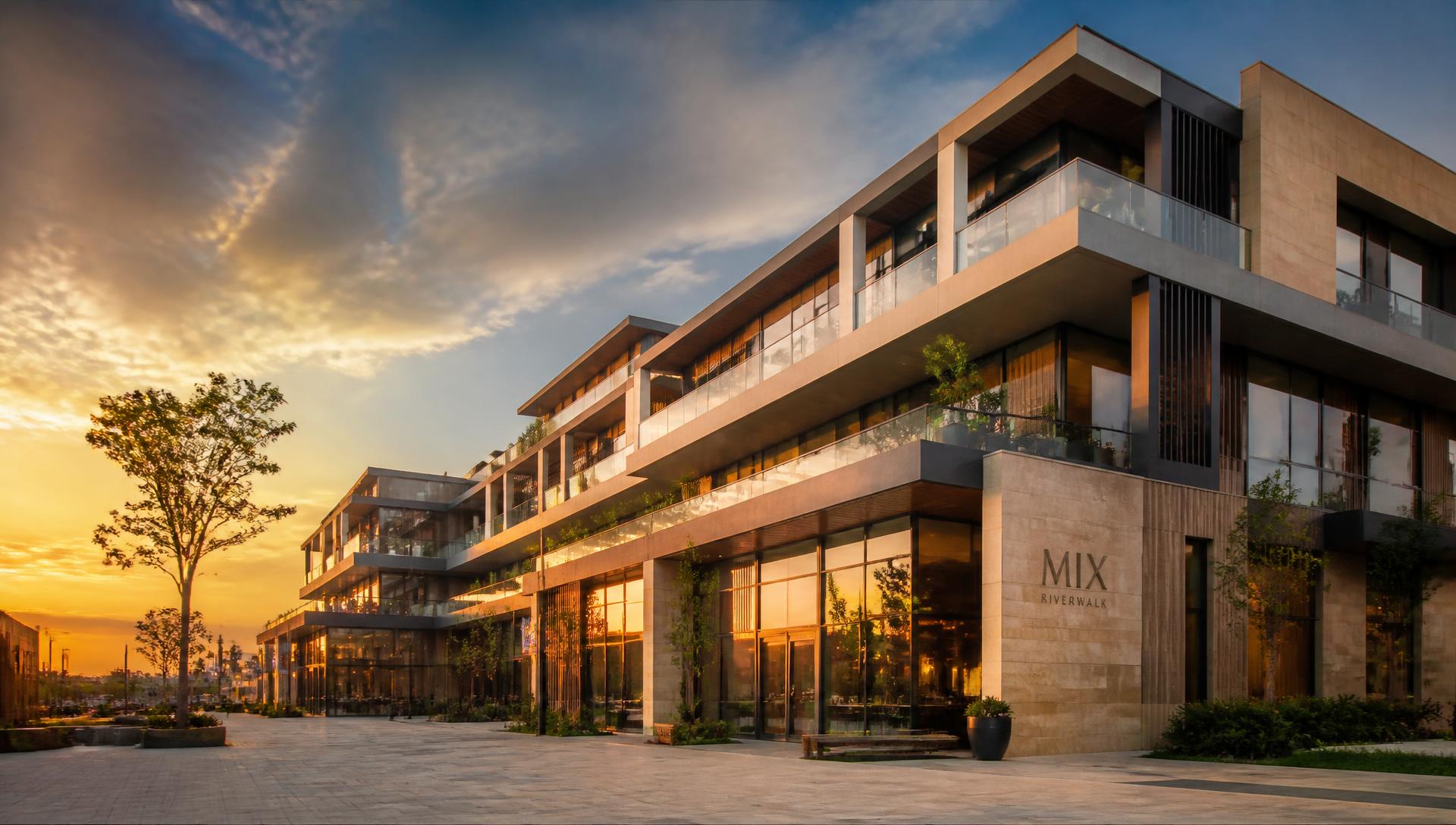 Contemporary mixed-use development at golden hour, representative of RAM Development projects