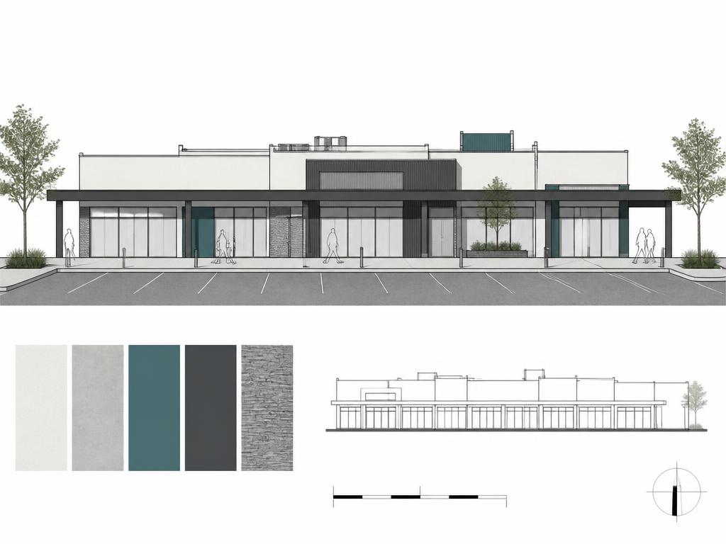 Architectural side elevation drawing of Msholozi Mall neighbourhood retail centre, showing shopfronts, canopy and parking